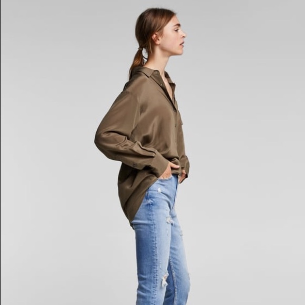 NWT Zara 100% Silk Blouse Khaki Olive Small $99